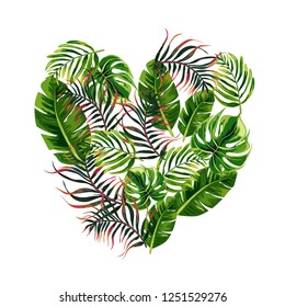 Vector background of tropical leaves in the shape of a heart.