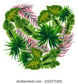 Vector background of tropical leaves in the shape of a heart.