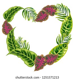 Vector background of tropical leaves in the shape of a heart.