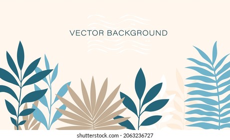 Fondo vectorial con hojas tropicales, ramas, jungla en un color elegante. Composición moderna para banner, afiche, portada. Plantilla de ilustración para diseño. Patrón exótico con floristería. La invitación
