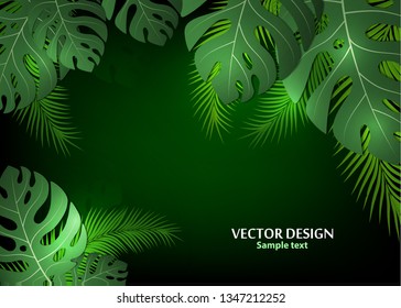 Vector background with tropical monster leaves and palm leaves. Bright abstract background for banner, flyer or cover with copy space for text or emblem - vector graphics