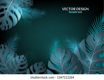 Vector background with tropical monster leaves and palm leaves. Bright abstract background for banner, flyer or cover with copy space for text or emblem - vector graphics