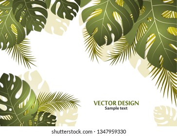 Vector background with tropical monster leaves and palm leaves. Bright abstract background for banner, flyer or cover with copy space for text or emblem - vector graphics
