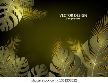 Fondo vectorial con hojas monstruosas tropicales y hojas de palma. Fondo abstracto brillante para banner, volante o cubierta con espacio de copia para texto o emblema - gráficos vectoriales