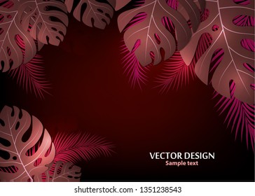 Vector background with tropical monster leaves and palm leaves. Bright abstract background for banner, flyer or cover with copy space for text or emblem - vector graphics