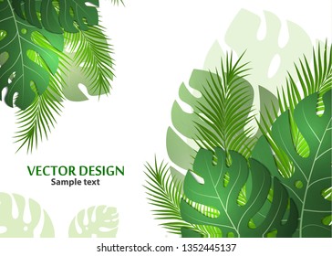Vector background with tropical monster leaves and palm leaves. Bright abstract background for banner, flyer or cover with copy space for text or emblem - vector graphics