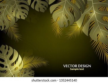Vector background with tropical monster leaves and palm leaves. Bright abstract background for banner, flyer or cover with copy space for text or emblem - vector graphics