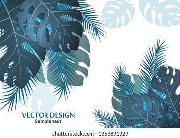 Vector background with tropical monster leaves and palm leaves. Bright abstract background for banner, flyer or cover with copy space for text or emblem - vector graphics