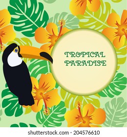 Vector background of  Tropical Pattern with Monstera leaves and toucan 