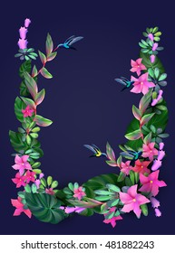 vector background with tropical plants, flowers and hummingbirds for your design