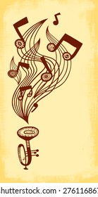 Vector background with trumpet, music staff and notes. Vertical composition.