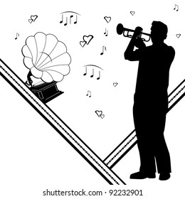 vector background with trumpeter, gramophone and notes