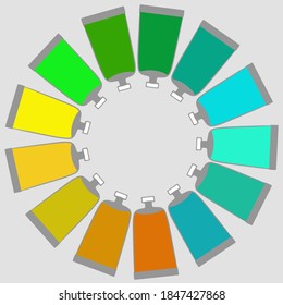 Vector background tubes of art paints in yellow, orange, green, turquoise colors in the shape of a circle with copy space.