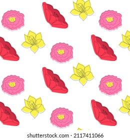 vector background with tulips, daffodils and peonies on white