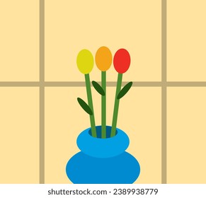 Fondo vectorial de tulipanes en un jarrón en una ventana soleada.