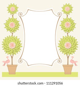 Vector background with two blooming topiary trees, couple of birds and banner of roll of paper. Greeting card for garden party and wedding with text box. Abstract illustration for print and web