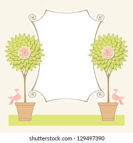 Vector background with two blooming topiary trees, couple of birds and banner of roll of paper. Greeting card for garden party and wedding with text box. Abstract illustration for print and web