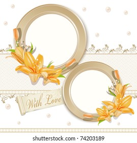 vector background  with  two  circular  photo frames, lilies and pearls