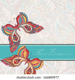 Vector background with two colored decorative butterflies. Seamless paisley pattern in pastel colors.