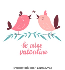 Vector background with two cute love birds on a branch. Template for invitations, Valentine's Day and wedding cards with hand lettering