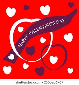 Vector background with two linked hearts and a ribbon with the inscription: "Happy Valentine's Day." Red background supplemented with small hearts. Red, purple and white.