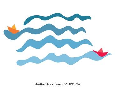 vector background with two paper toy boats sailing on blue waves towards 