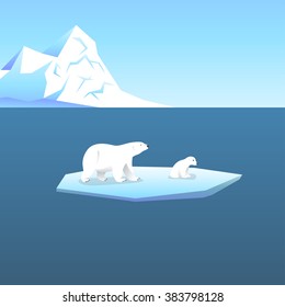 Vector background with two polar bears, she-bear and teddy bear standing on stylized glacier in the open sea. Cold climate.