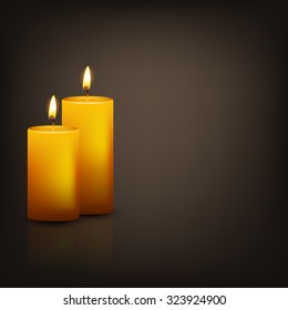 Vector background with two realistic 3d yellow candles in the dark with reflection. Vector EPS10 illustration.  