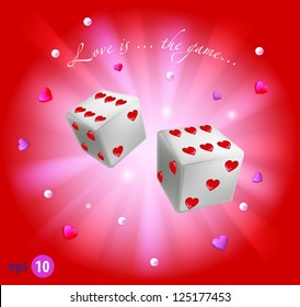 Vector background with two white dice with red hearts . Happy Valentine's day. Easy to edit. Perfect for invitations or announcements.