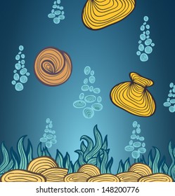 vector background. Underwater and Marine World. seaweed, octopus, jellyfish, pebbles, sand, bubbles