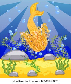 Vector background with an underwater world in a children's style. A mermaid is sitting on a rock.