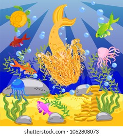 Vector background with an underwater world in a children's style. A mermaid is sitting on a rock.