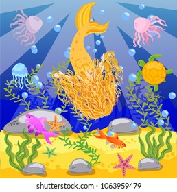 Vector background with an underwater world in a children's style. A mermaid is sitting on a rock.