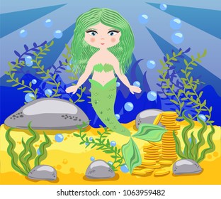 Vector background with an underwater world in a children's style. A mermaid is sitting on a rock. Wooden chest with gold on the bottom of the sea. Seabed in a cartoon style.