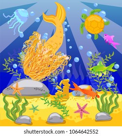 Vector background with an underwater world in a children's style. A mermaid is sitting on a rock.