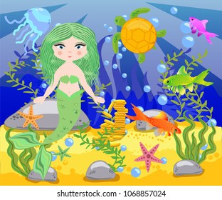 Vector background with an underwater world in a children's style. A mermaid is sitting on a rock. Wooden chest with gold on the bottom of the sea. Seabed in a cartoon style.