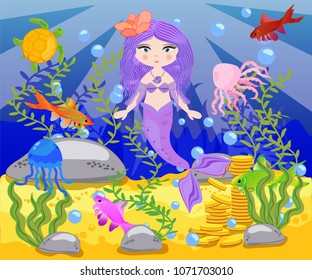 Vector background with an underwater world in a children's style. A mermaid is sitting on a rock. Wooden chest with gold on the bottom of the sea. Seabed in a cartoon style.