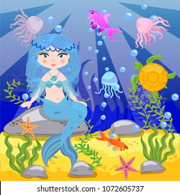 Vector background with an underwater world in a children's style. A mermaid is sitting on a rock. Seabed in a cartoon style.