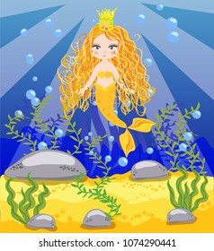 Vector background with an underwater world in a children's style. A mermaid is sitting on a rock. Wooden chest with gold on the bottom of the sea. Seabed in a cartoon style.