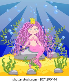 Vector background with an underwater world in a children's style. A mermaid is sitting on a rock. Wooden chest with gold on the bottom of the sea. Seabed in a cartoon style.