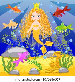 Vector background with an underwater world in a children's style. A mermaid is sitting on a rock. Wooden chest with gold on the bottom of the sea. Seabed in a cartoon style.