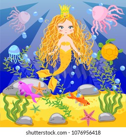 Vector background with an underwater world in a children's style. A mermaid is sitting on a rock. Wooden chest with gold on the bottom of the sea. Seabed in a cartoon style.