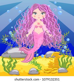 Vector background with an underwater world in a children's style. A mermaid is sitting on a rock. gold on the bottom of the sea. Seabed in a cartoon style.