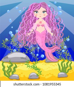 Vector background with an underwater world in a children's style. A mermaid is sitting on a rock. Wooden chest with gold on the bottom of the sea. Seabed in a cartoon style.