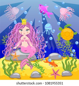 Vector background with an underwater world in a children's style. A mermaid is sitting on a rock. Wooden chest with gold on the bottom of the sea. Seabed in a cartoon style.