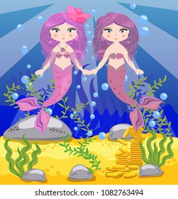 Vector background with an underwater world in a children's style. A mermaid is sitting on a rock.