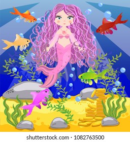 Vector background with an underwater world in a children's style. A mermaid is sitting on a rock. Wooden chest with gold on the bottom of the sea. Seabed in a cartoon style.