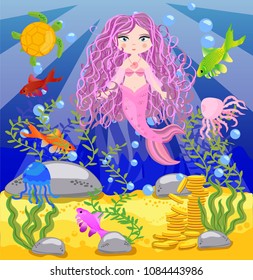 Vector background with an underwater world in a children's style. A mermaid is sitting on a rock. Wooden chest with gold on the bottom of the sea. Seabed in a cartoon style.