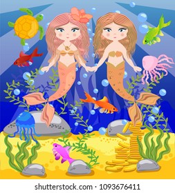 Vector background with an underwater world in a children's style. A mermaid is sitting on a rock.