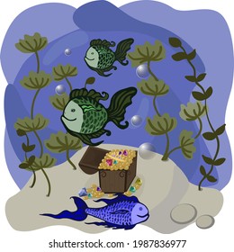 Vector background with an underwater world in a children's style. Wooden chest with gold on the bottom of the sea. Seabed in a cartoon style.